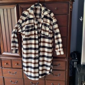 Long warm, black, brown, off-white plaid jacket